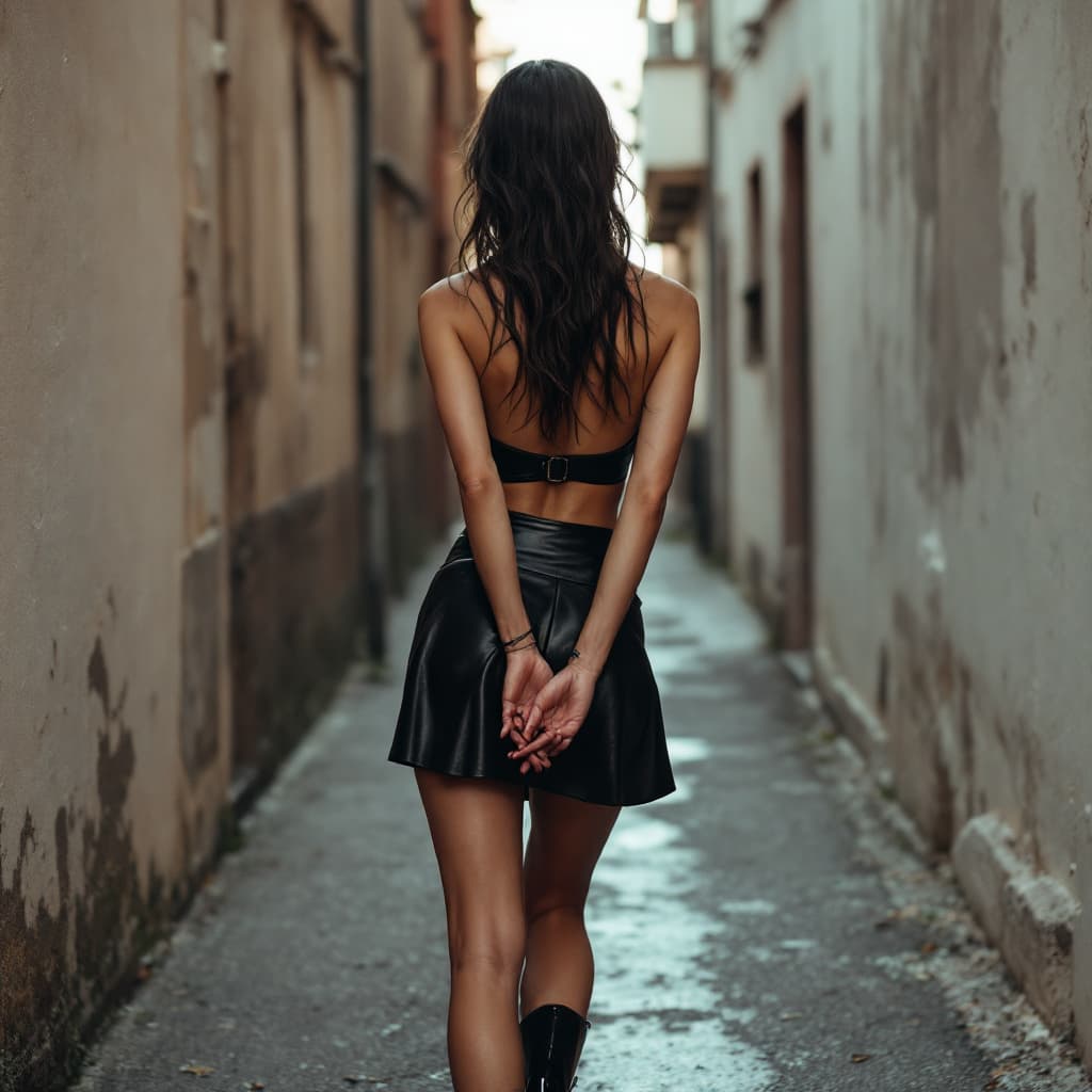 AI generated: gal gadot in a leather skirt and shiny, pointy black high heels is standing in an alley. Her hands a...