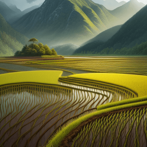 AI generated: Illustration of rice field in a mountainous landscape. Foreground interest, Twisted background, Rebi...