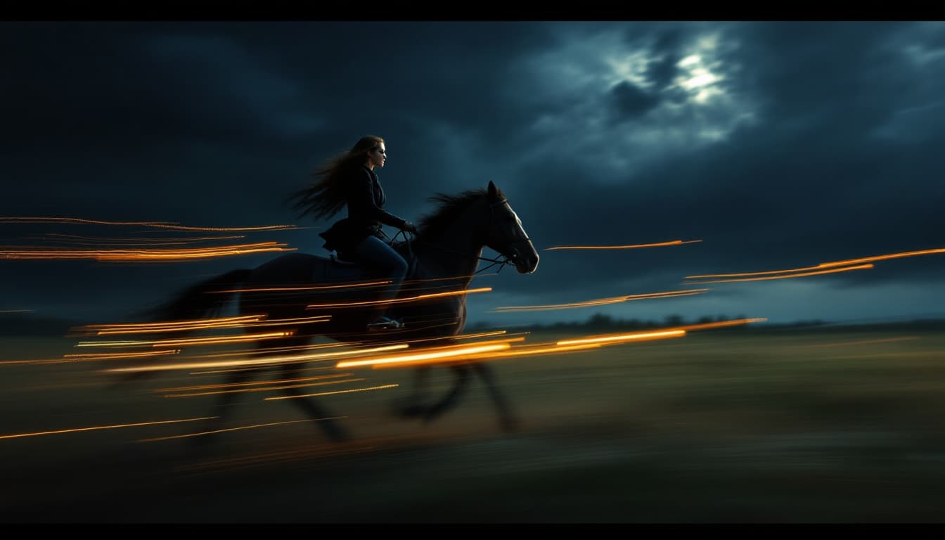 AI generated: ,long exposure photo of a woman on horse in motion, blurred edges, slow shutter speed motion , all s...