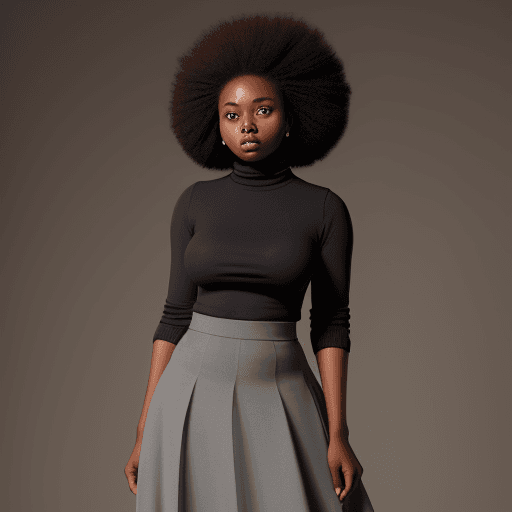 AI generated: photo of a 23 years old kenyan girl with black shiny eyes, african shaggy but neat afro, contemplati...