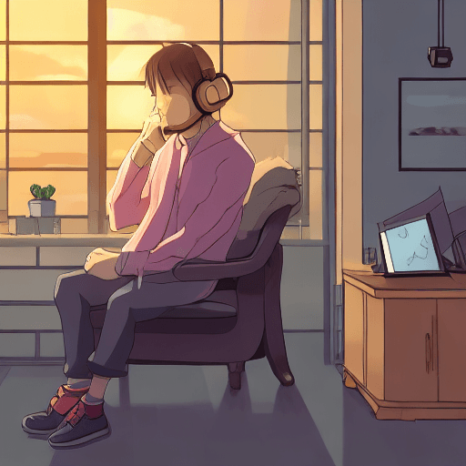 AI generated: high definition anime portrait of a man sitting in an armchair at home thinking about things with hi...