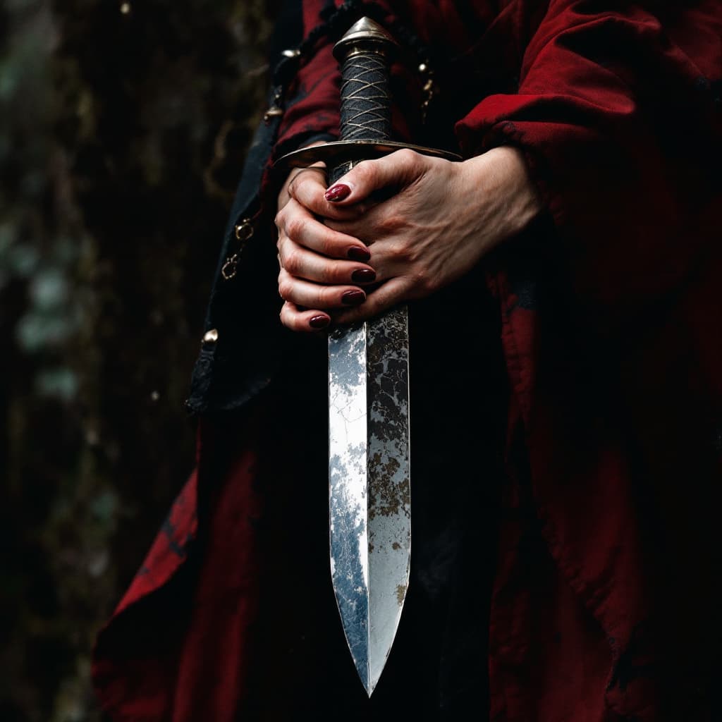 AI generated: female hand holding a dagger 

