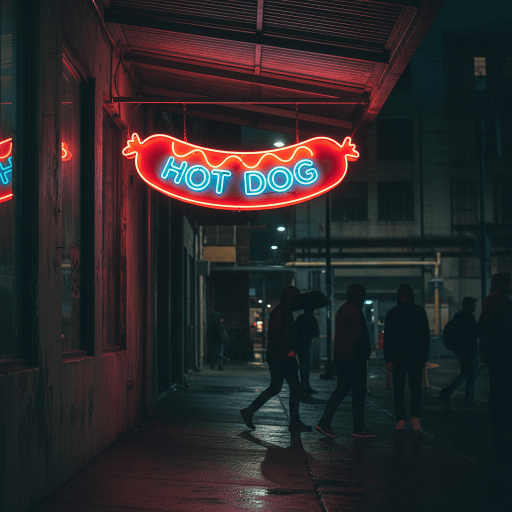 AI generated: A neon sign vibrant with life, showcasing a HOT DOG design hanging from the roof over the pavement, ...