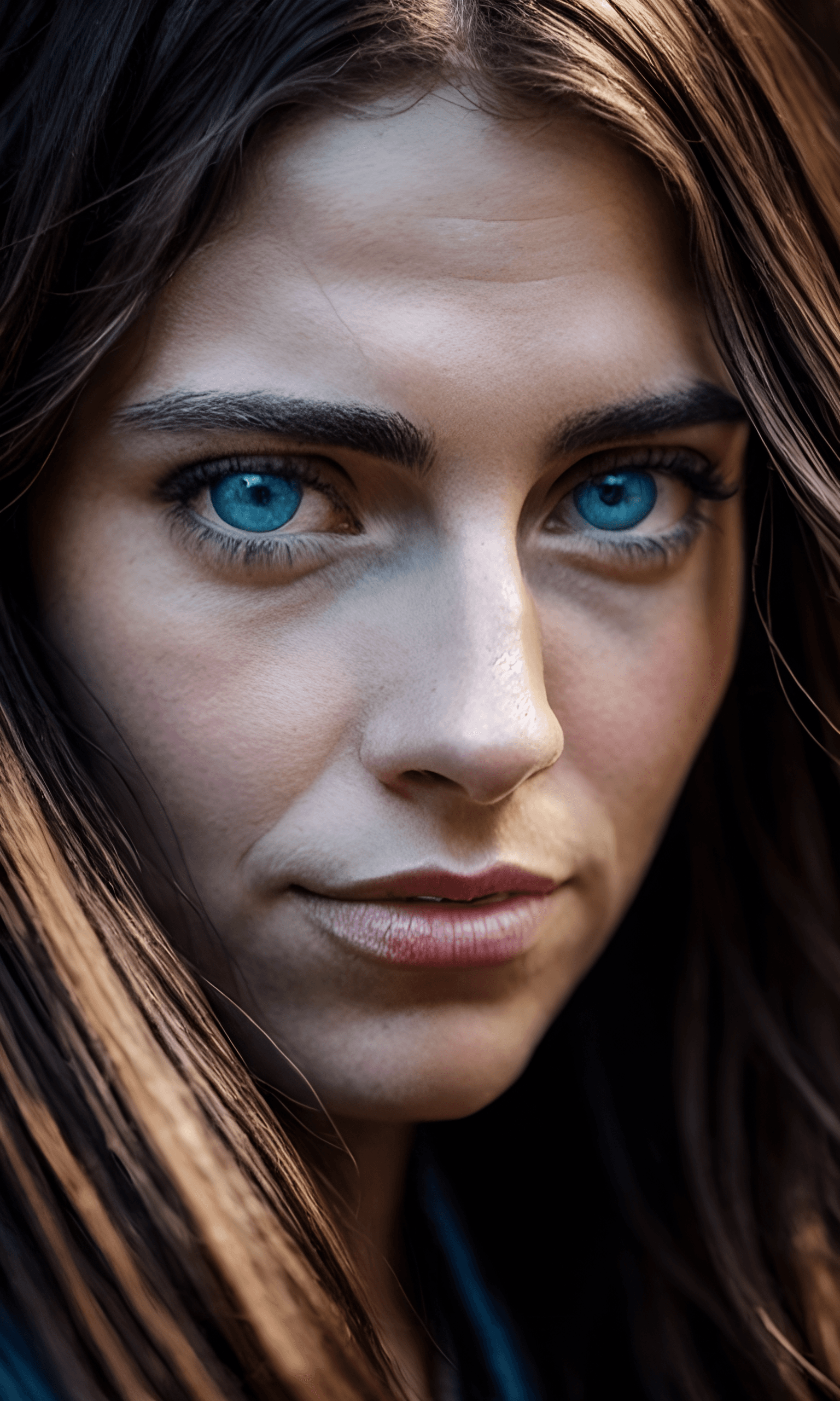 AI generated: A soulful portrait of a young female, long hair, blue eyes, candid, intimate portrait, dramatic ligh...