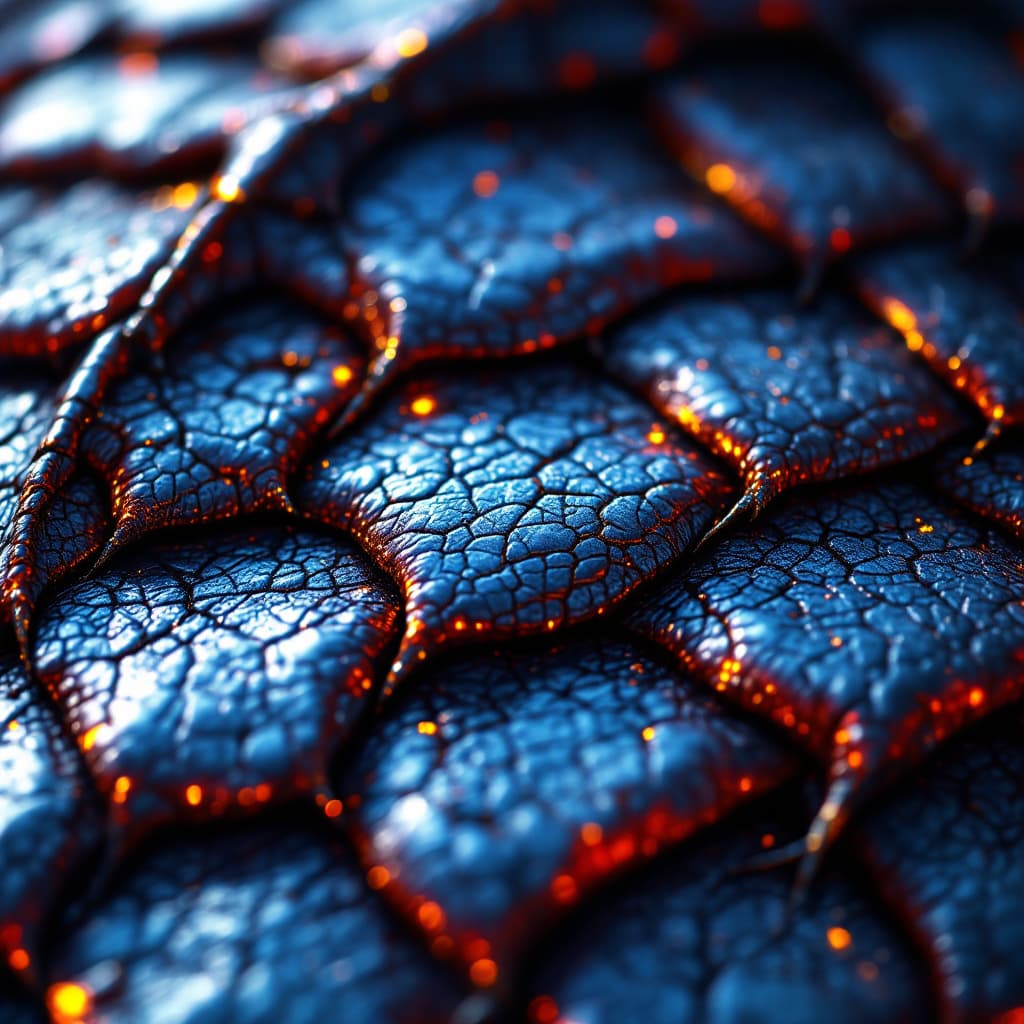 AI generated: macro shot of a dragon scale reflecting light, detailed creases and cracks --v 7 --style fantasy rea...