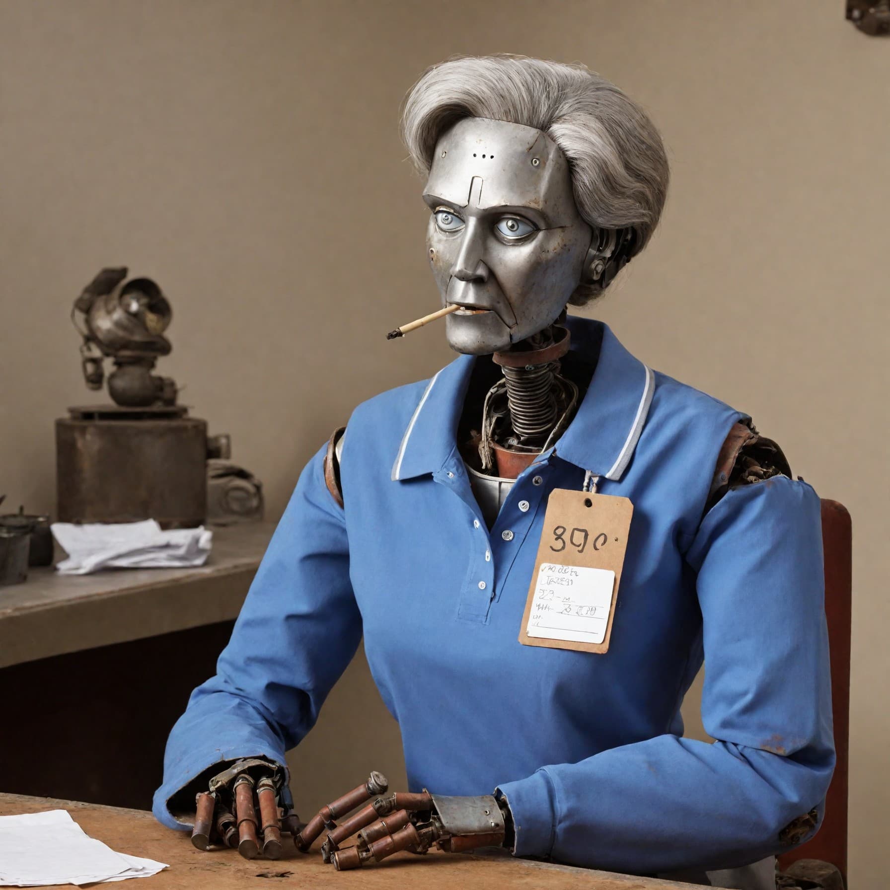 AI generated: An old female robot taking a smoke break at her boring job, she has a polo shirt on with a name tag,...
