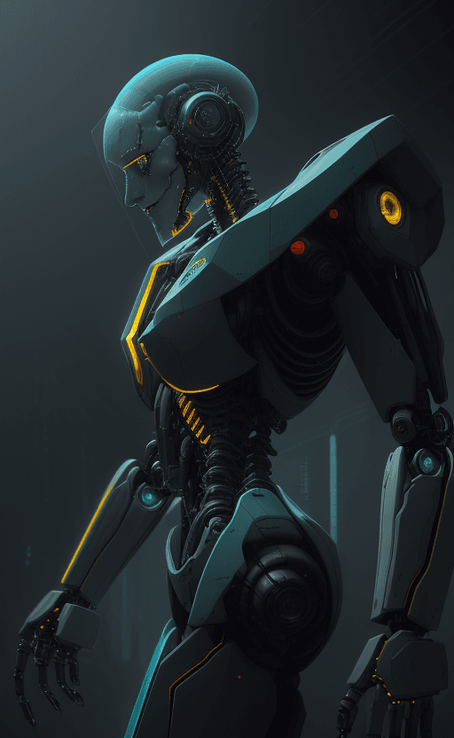 AI generated: rendering, side shot, falf-strange body with complex system equipment with hyper detail robot, gaze,...