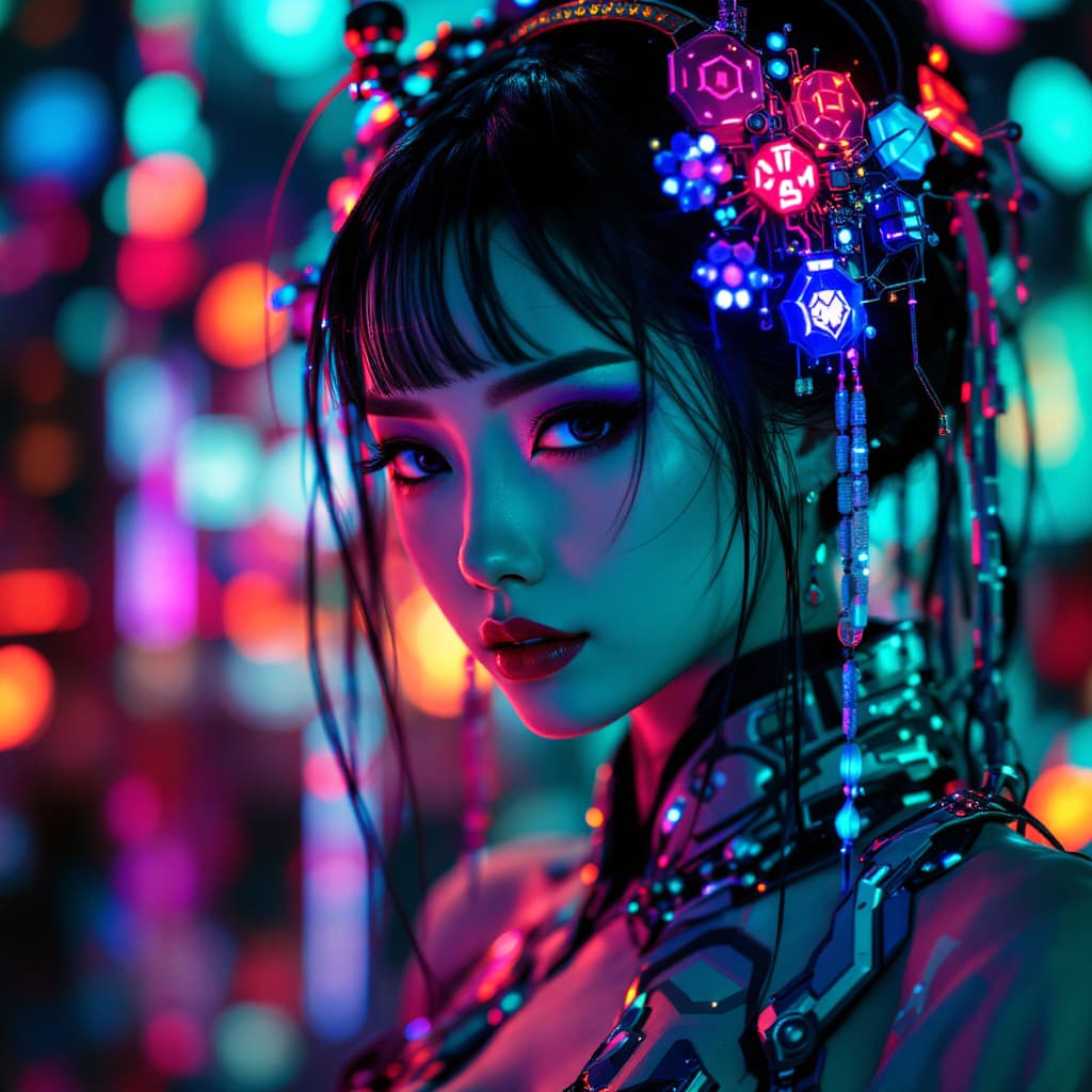 AI generated: stunningly beautiful cyberpunk  Geisha. neon colors, glowing circuits,  ultradetailed, intrincante d...