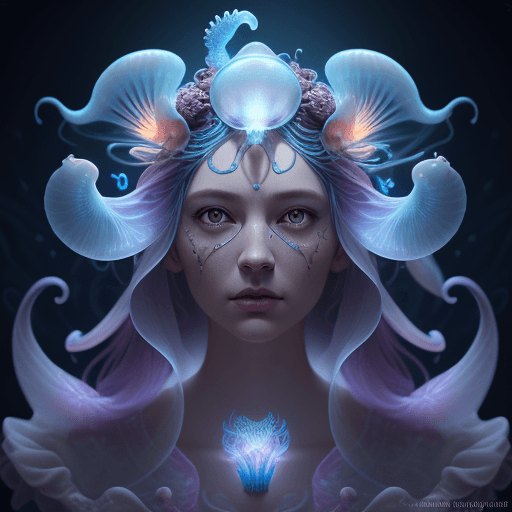 AI generated: Goddess close-up portrait ribcagel. jellyfish phoenix head, nautilus, orchid, skull, betta fish, bio...