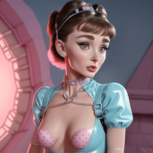 AI generated: Erotic young Audrey Hepburn in pastel-colored latex,Cut-out chain harness,polka dot outfit with hear...