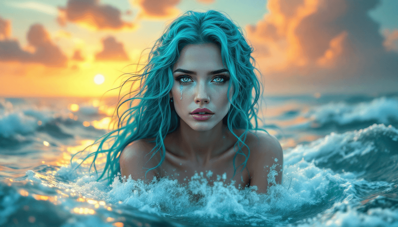 AI generated: A turquoise haired siren emerges from the sea, her extra long turquoise hair and hypnotic violet eye...