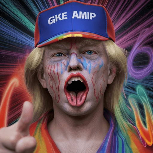 AI generated: donald trump  on a psychedelic trip with an open mouth and glowing eyes, with the make america great...