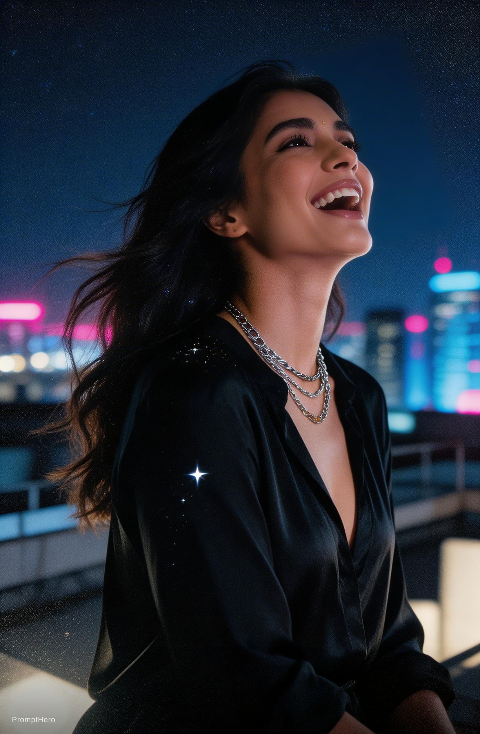 AI generated: A grainy, high-ISO rooftop documentary scene captures a tall, statuesque woman with long, dark, wind...