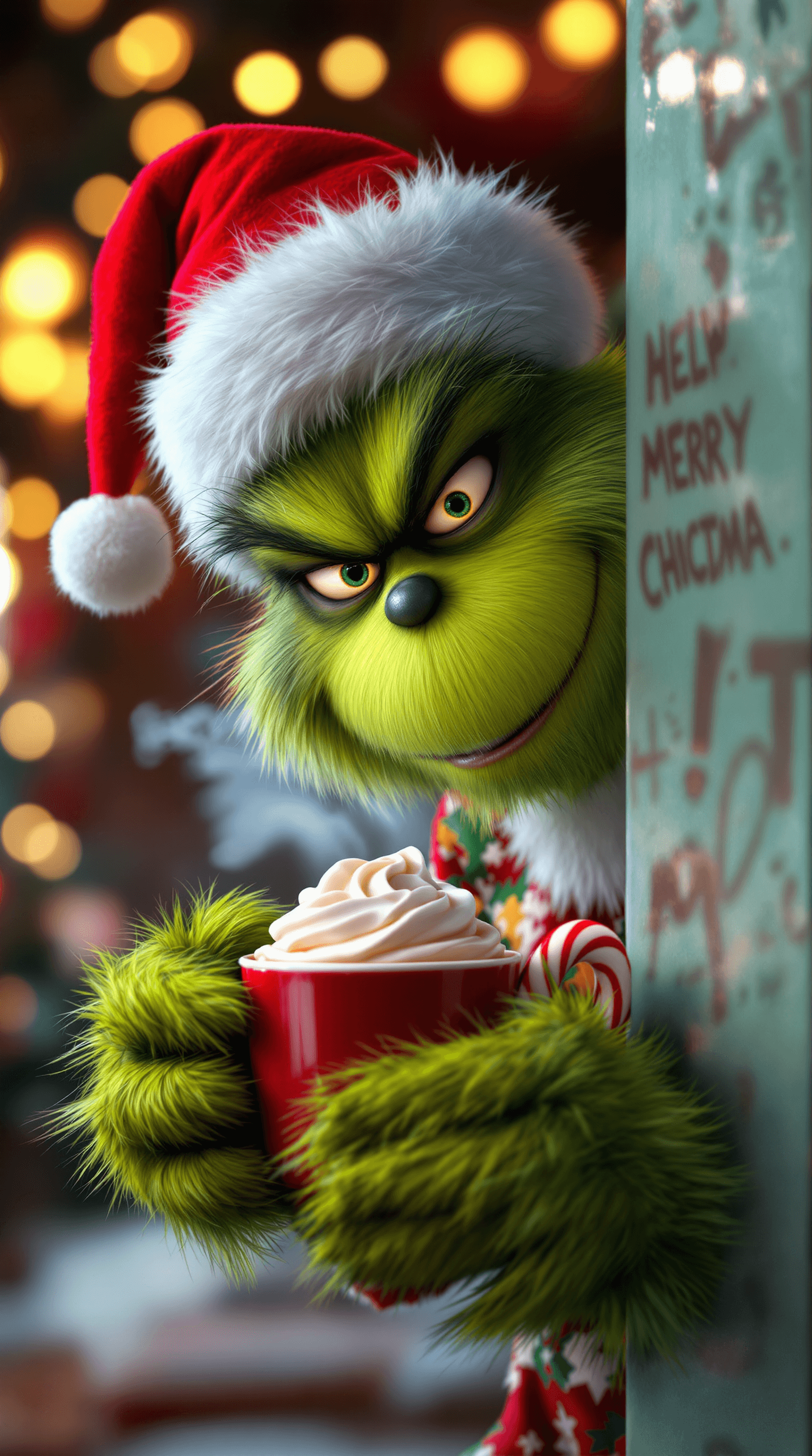 AI generated: A highly detailed and vibrant 3D render of the Grinch peeking mischievously from the side of the fra...