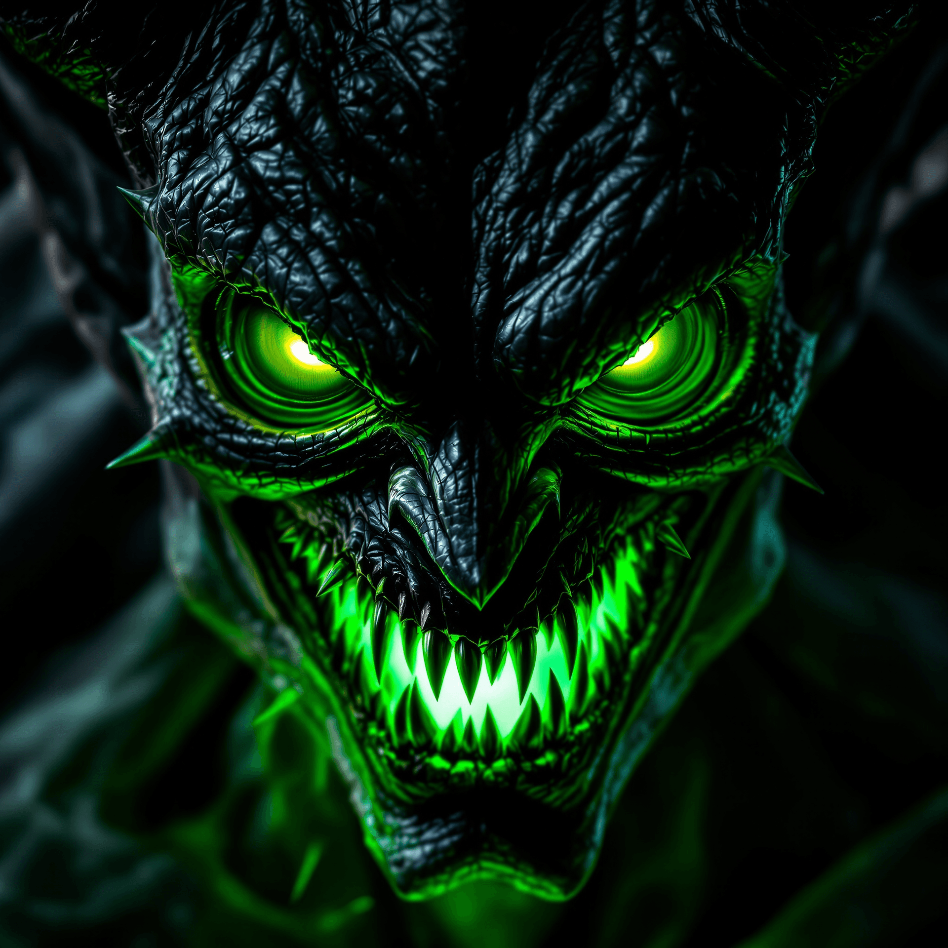 AI generated: Close-up of a fearsome demon with a devious smile, characterized by jagged teeth and bright yellow e...