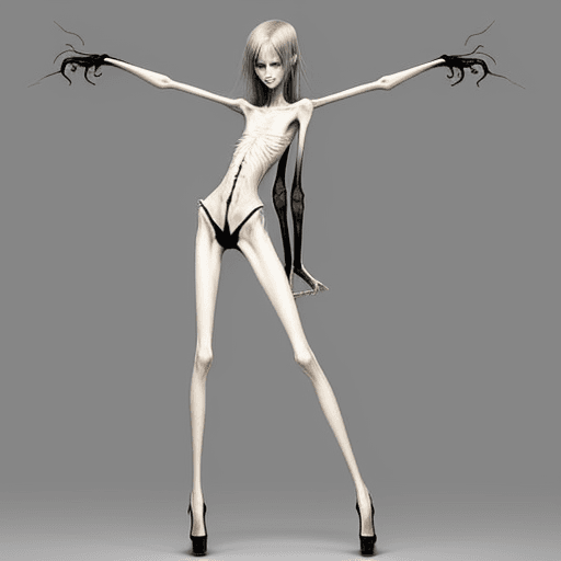 AI generated: a needle-thin anorexic girl with skinny long legs and long skinny calves in high heels with long hoo...