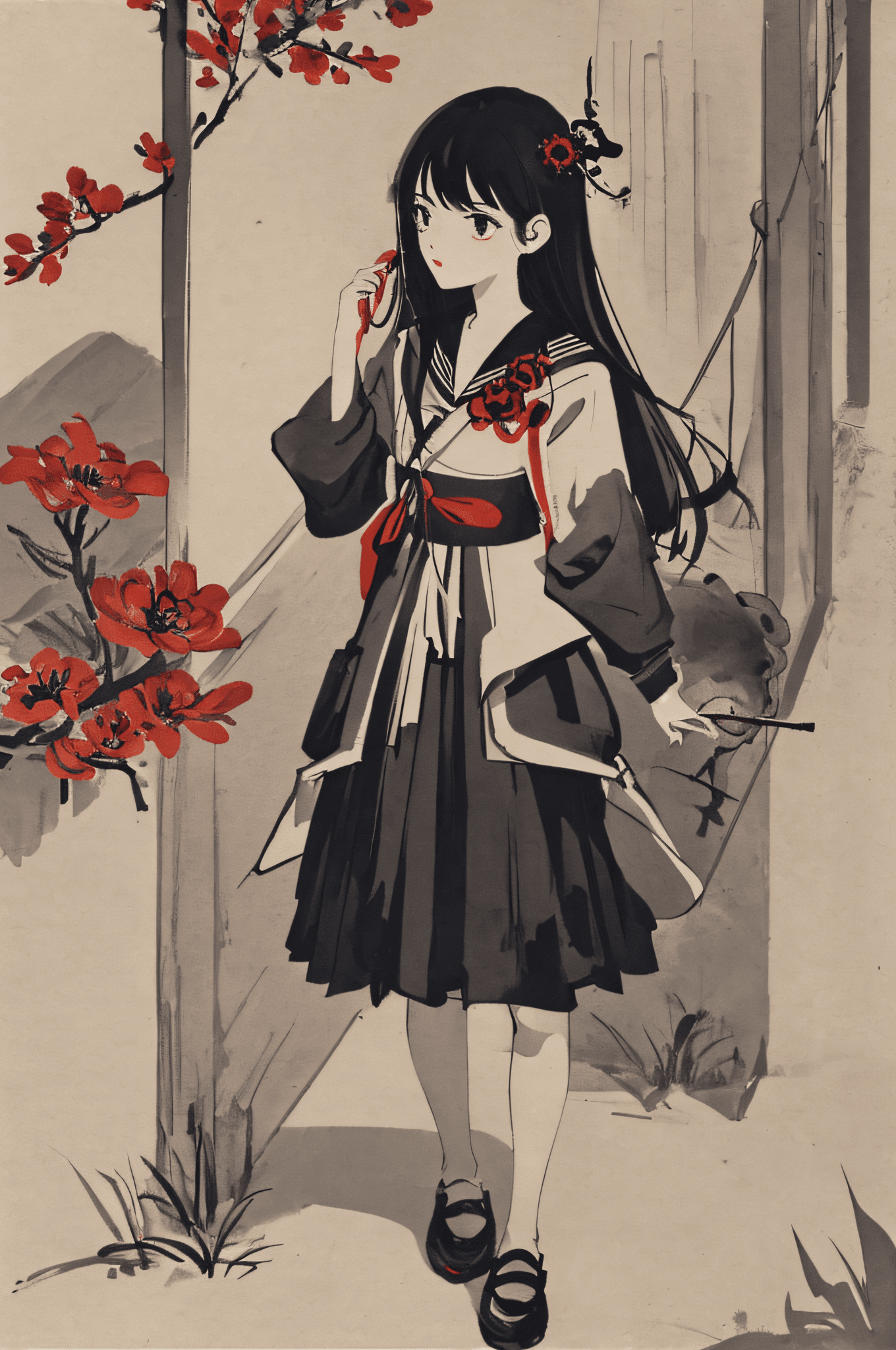 AI generated: masterpiece, best quality, flat color, limited palette, low contrast, 1girl, serafuku, long straight...