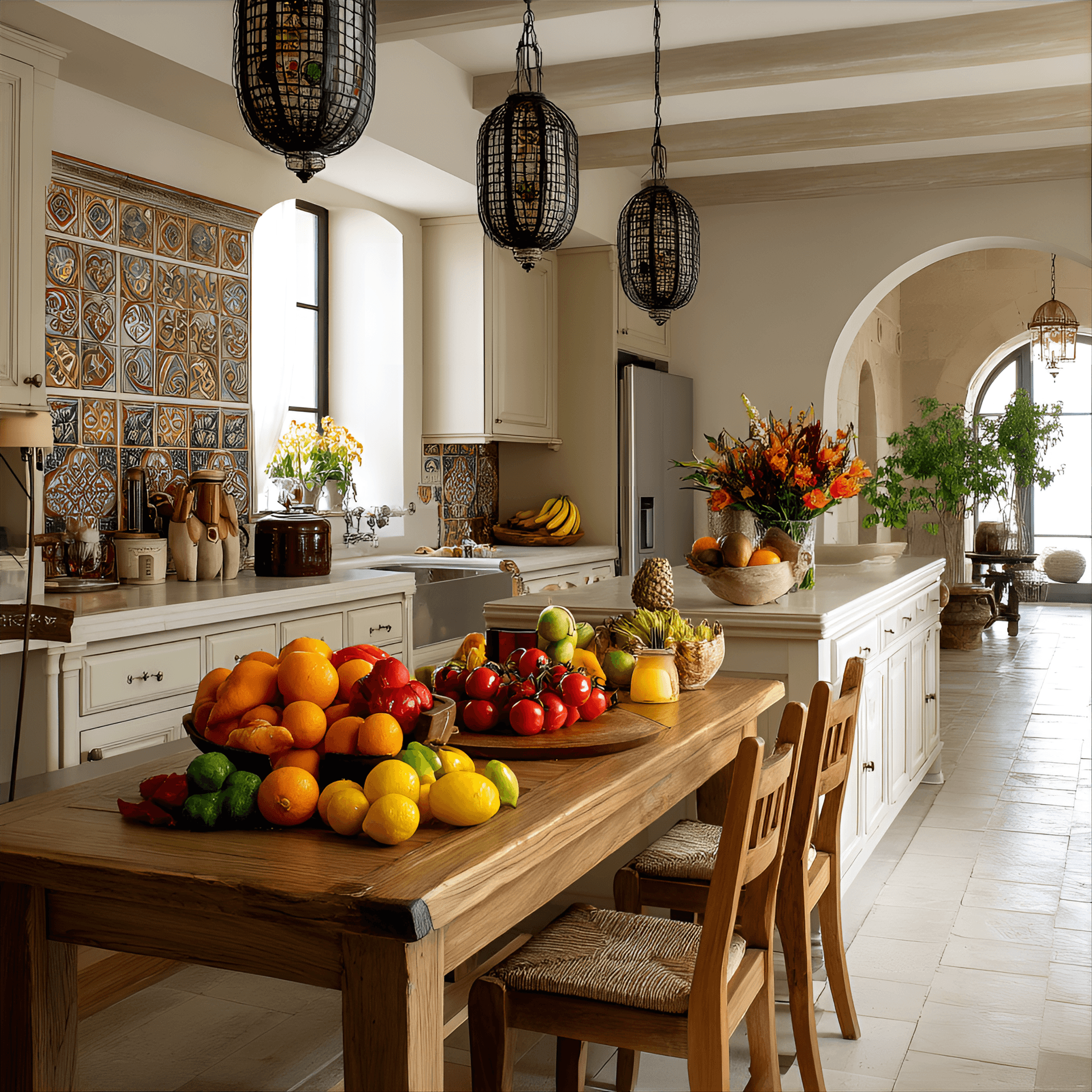 AI generated:  light and airy, Mediterranean-inspired kitchen with soft, warm colors, intricate tile work, and a m...
