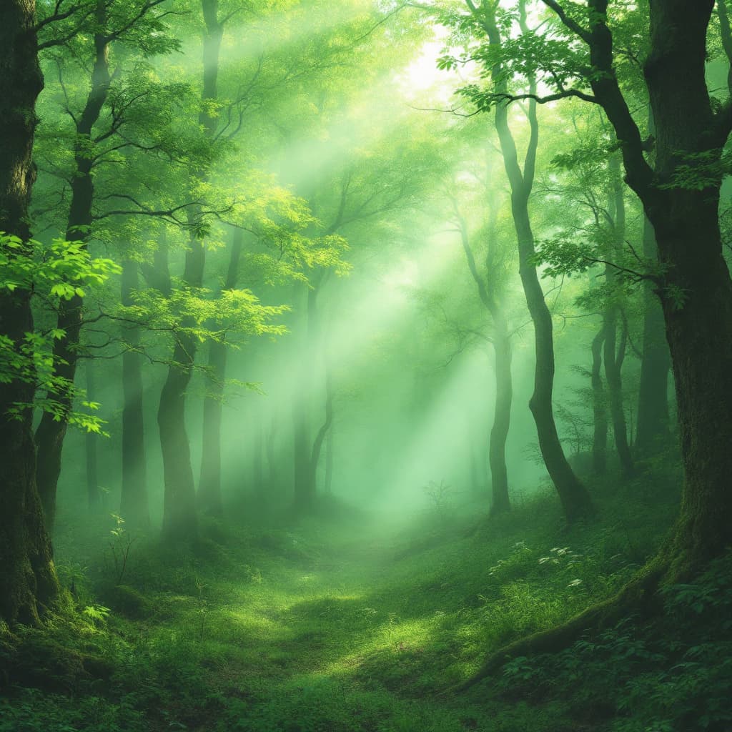 AI generated: A forest of light green trees with fog and a blurred green filter, evokes beauty, laziness and myste...