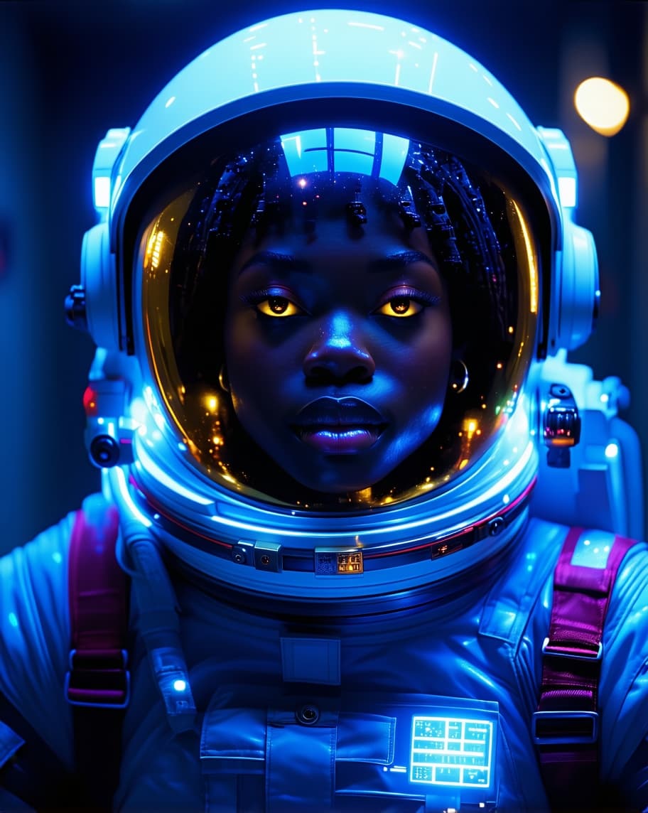 AI generated: Cinematic ultra realistic portrait of a bioluminescent  astronaut in a reflective helmet,glowing fac...