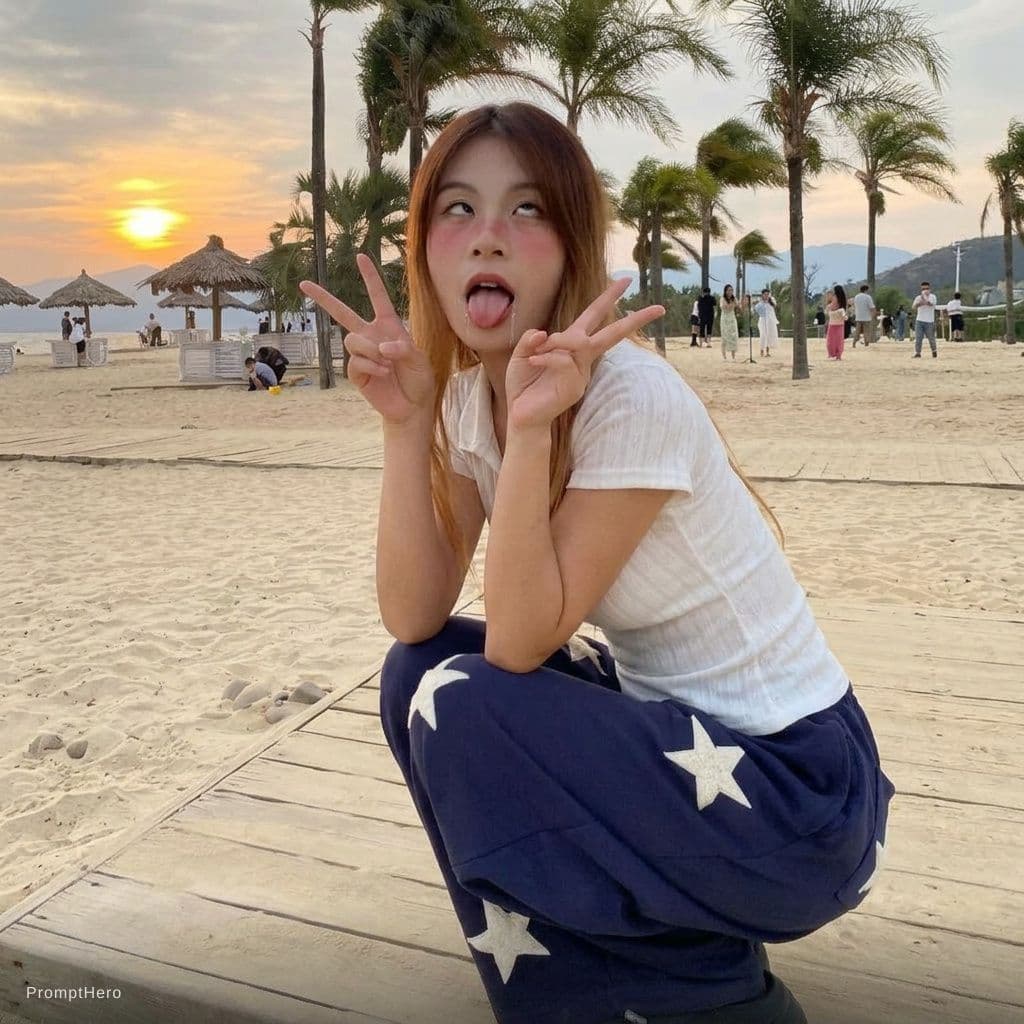 AI generated: ahegao,cross-eyed, tongue out, open mouth, heavy blush, drooling, dazed expression, double peace sig...
