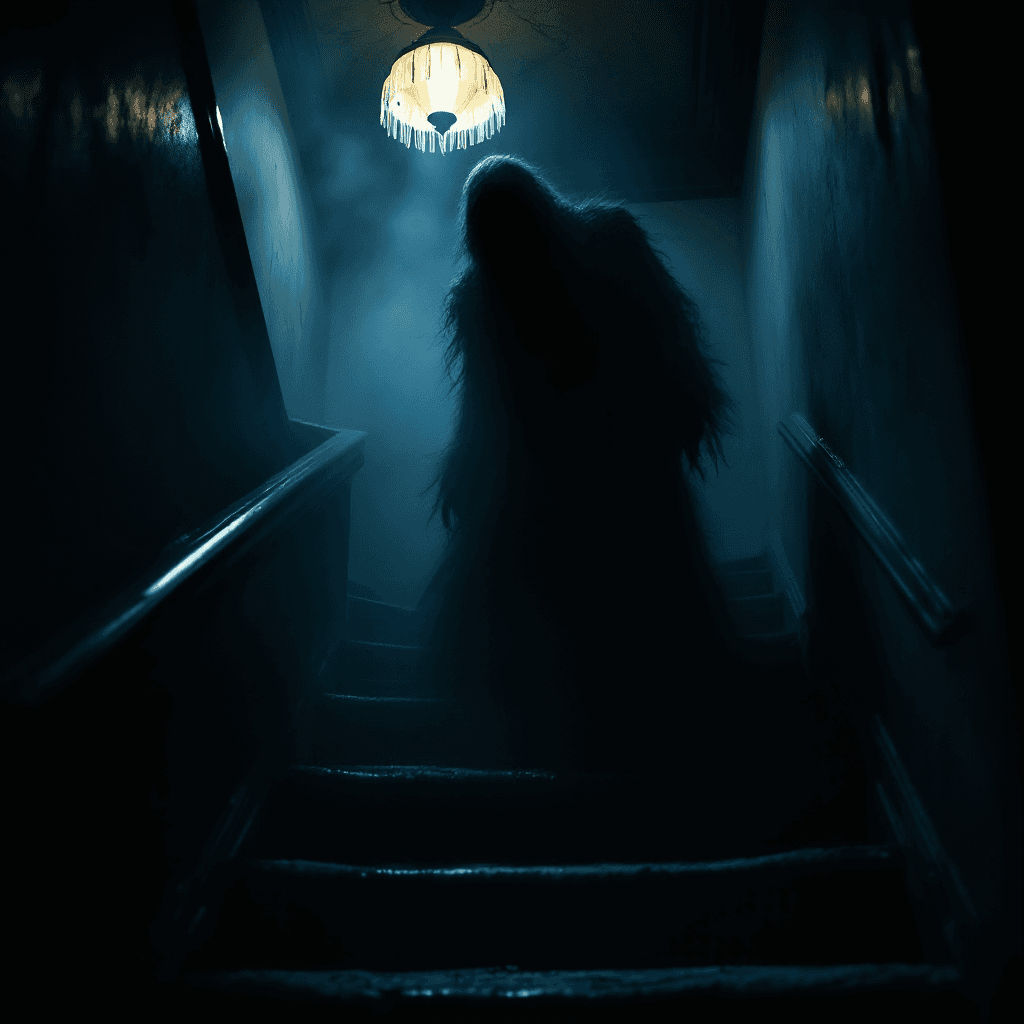 AI generated: A gothic horror style image, A fuzzy very dark shadow human like form, standing on a victorian stair...
