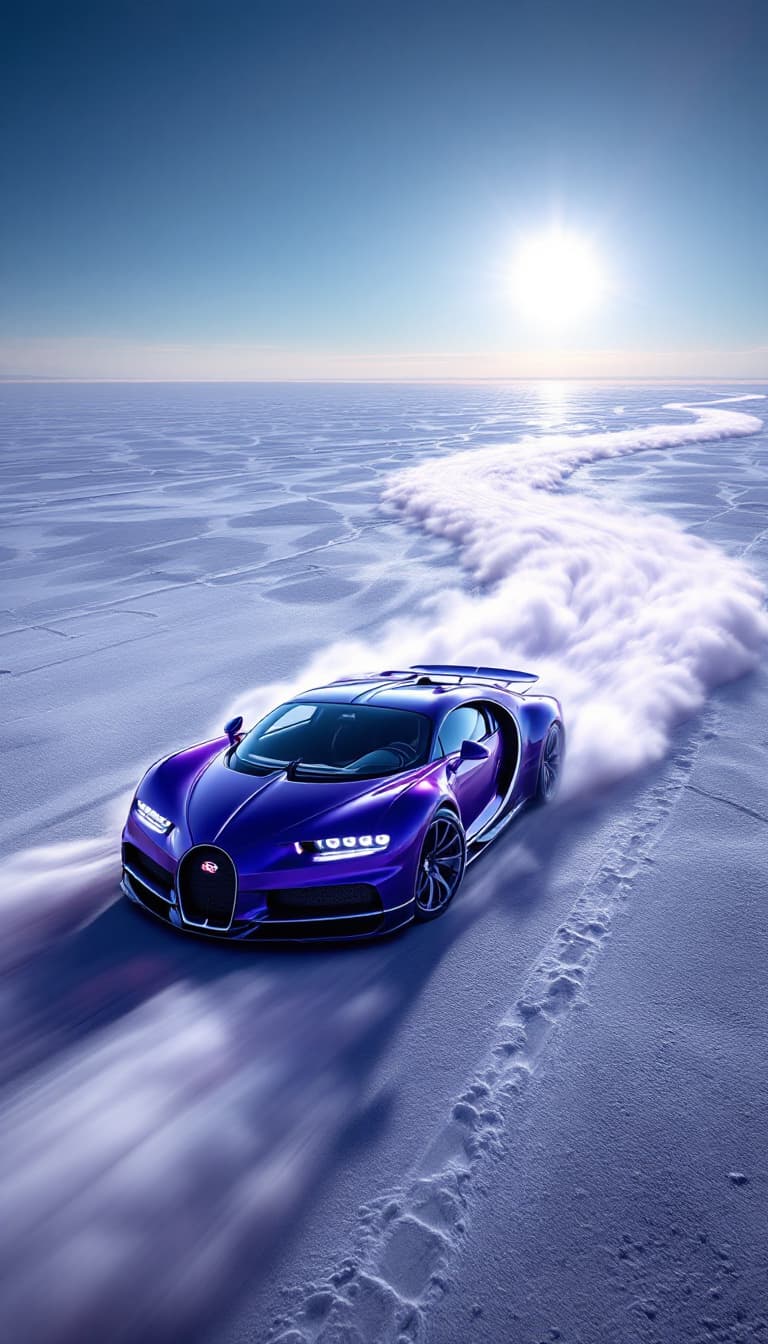 AI generated: A striking, midnight-purple Bugatti Chiron accelerates across a vast salt flat, the sun shimmering o...