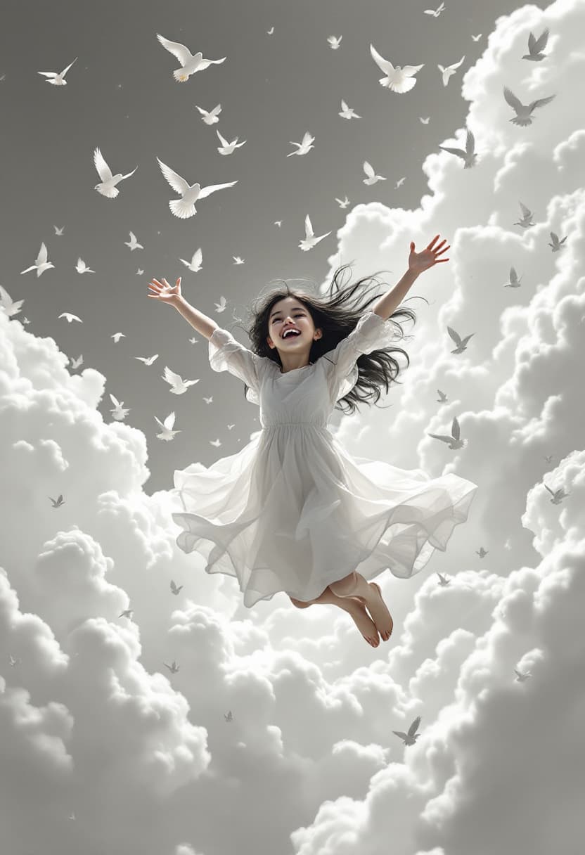 AI generated: A girl of approximately 8 years old with light skin and long dark hair, wearing a flowing white dres...