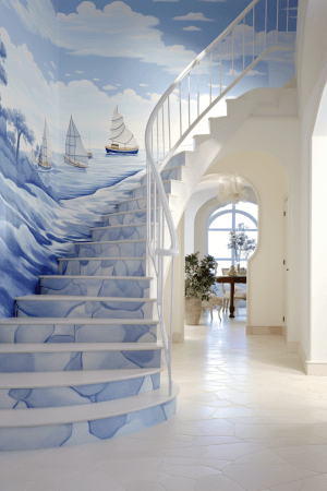 AI generated: a coastal design with Mediterranean building style, blue & white color on exterior walls, artistic, ...