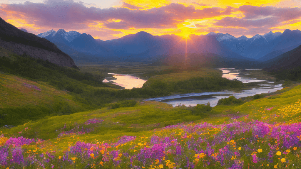 AI generated: ​Visualize a breathtaking mountain landscape at sunset, where the last golden rays of light reflect ...