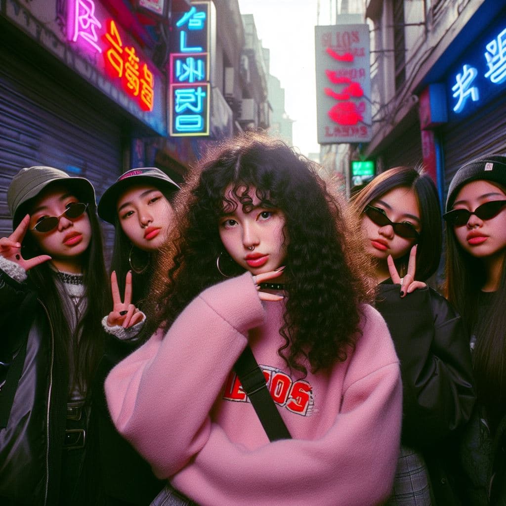 AI generated: Street style photo of a rave style young students in the streets of 2000s tokyo, her friends pose be...