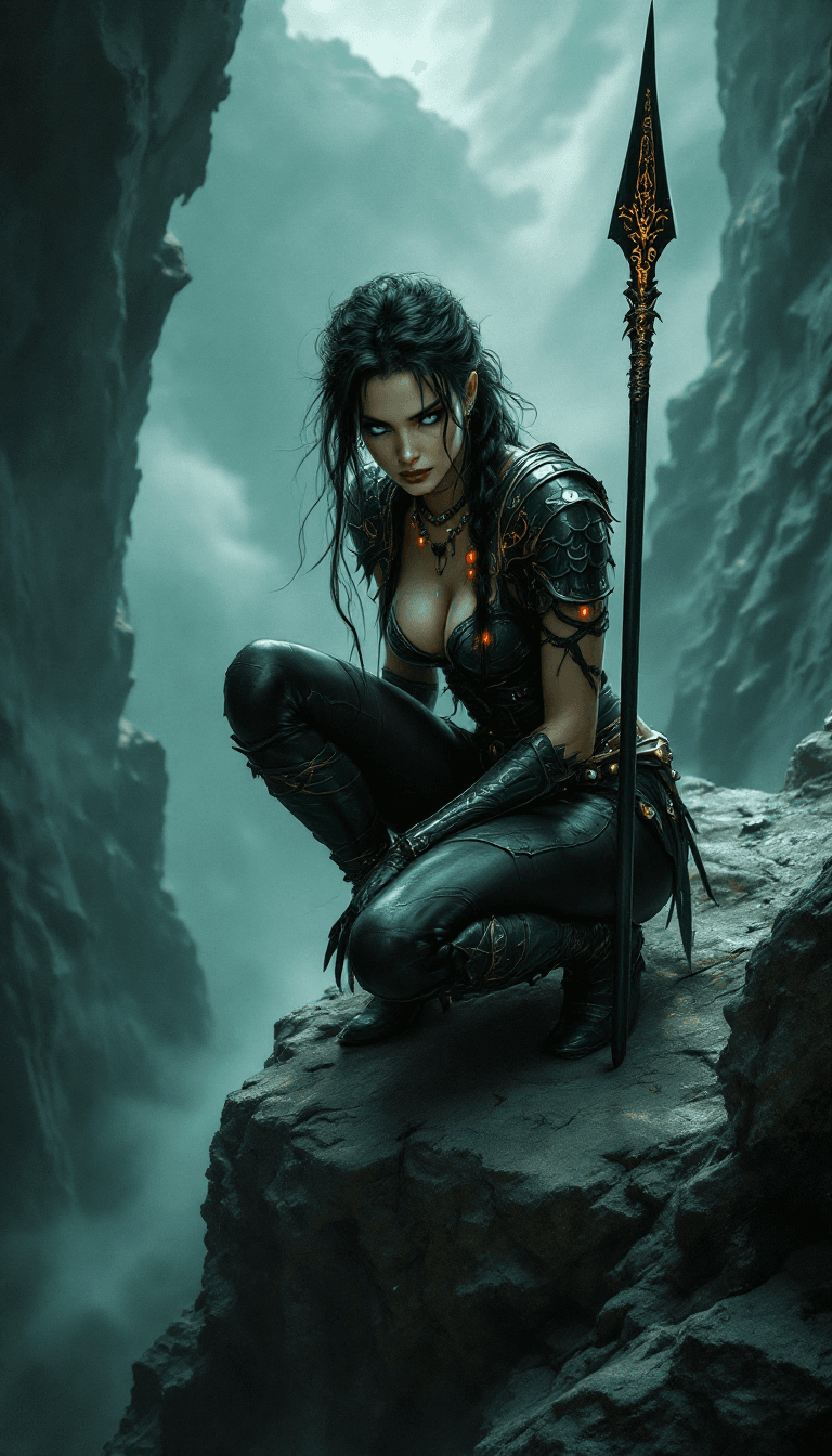 AI generated: A deadly and agile huntress crouches low in a poised, predatory stance on the jagged edge of a crumb...