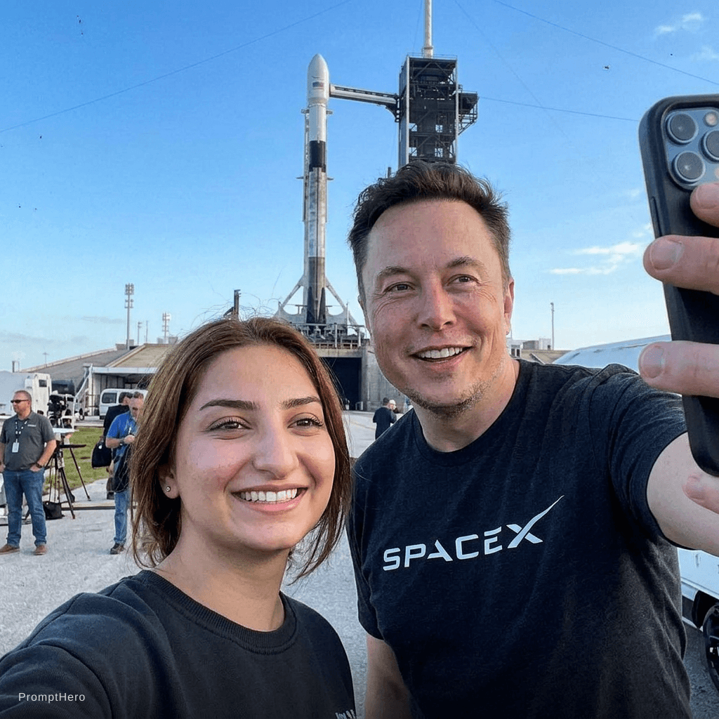 AI generated: with Elon Musk in front of a SpaceX rocket, professional setting