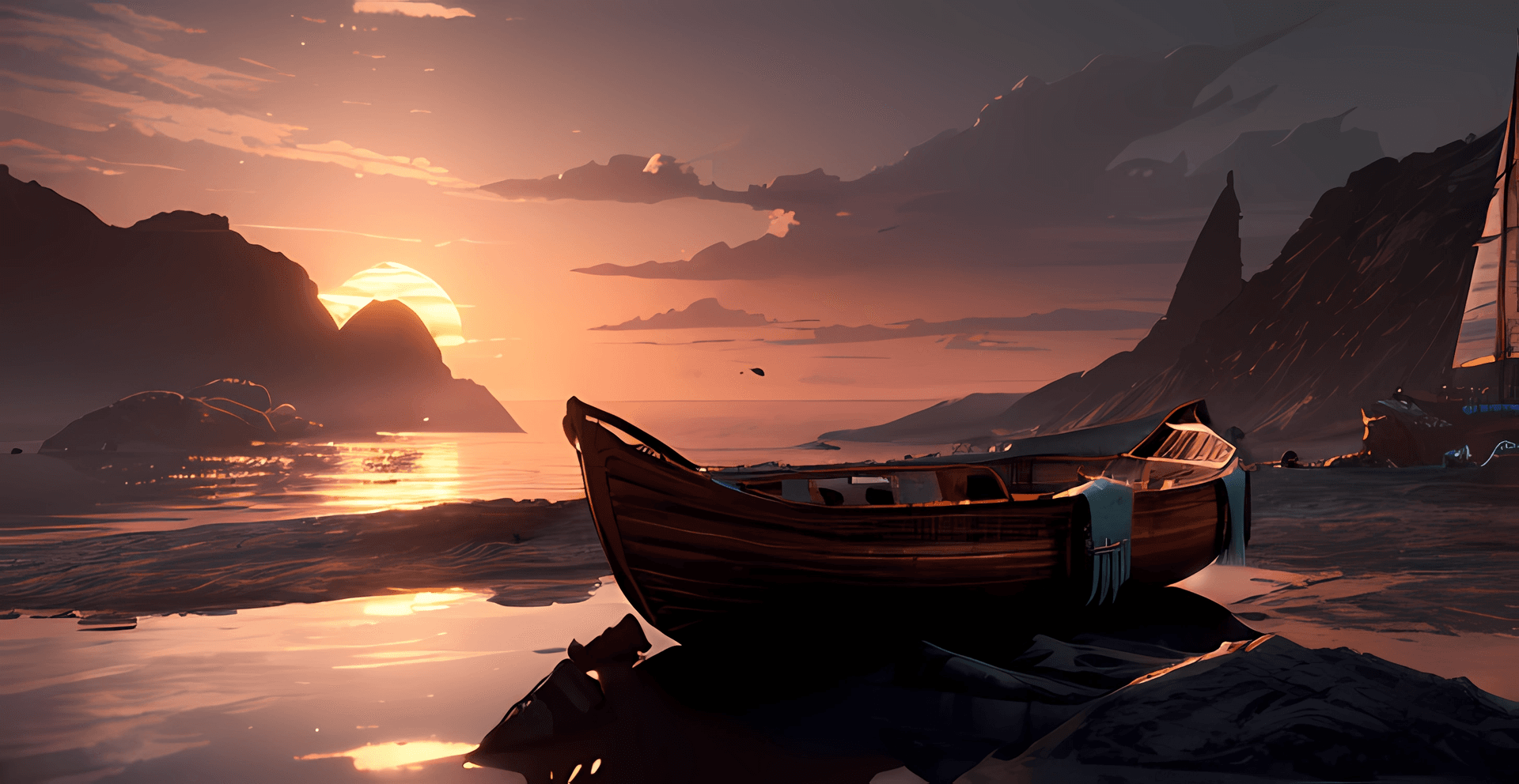 AI generated: a boat sitting in the water during sunset, in the style of greg rutkowski, dream ocean,calm and sere...