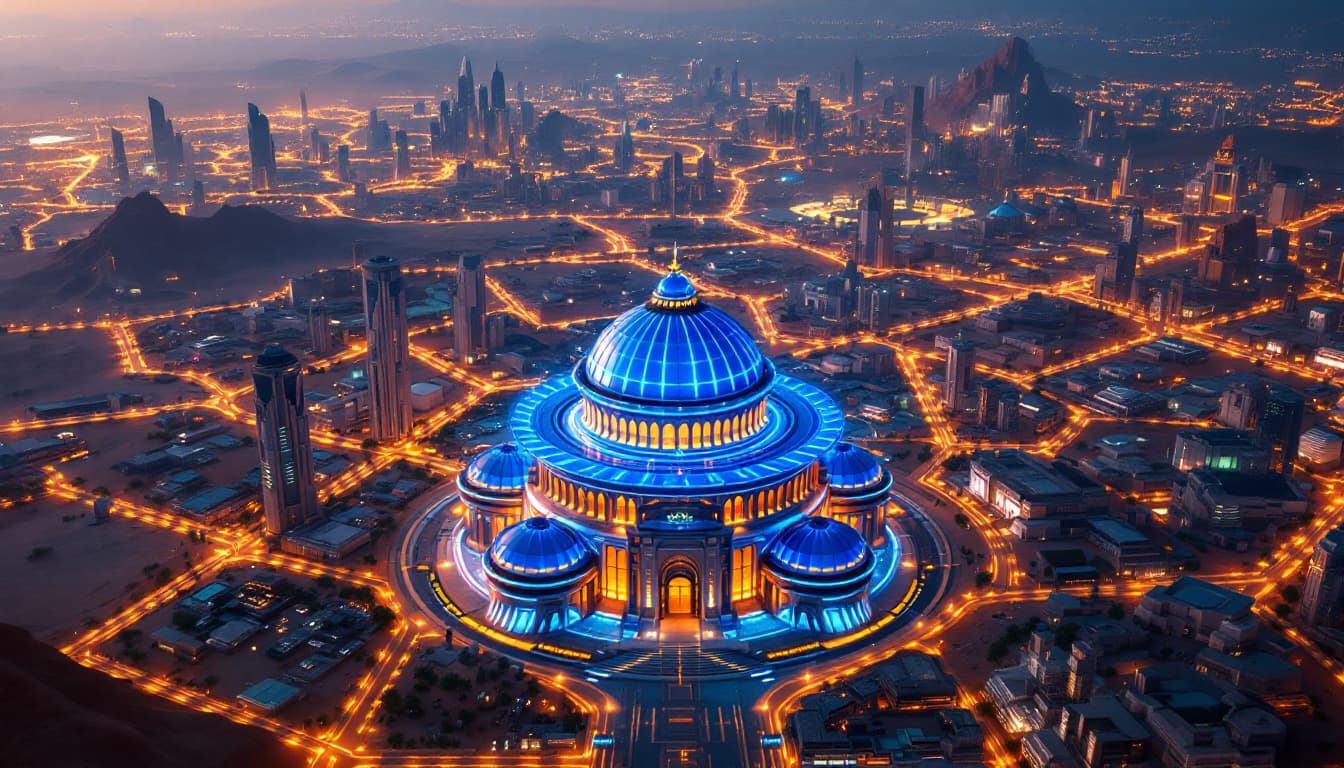AI generated: The Central bank as seen from high above : this imposing building stands in the busy center of a fut...