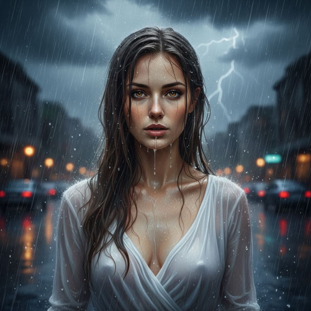 AI generated: Digital masterpiece of an extremely beautiful lady with beautiful hazel eyes, standing in a pouring ...