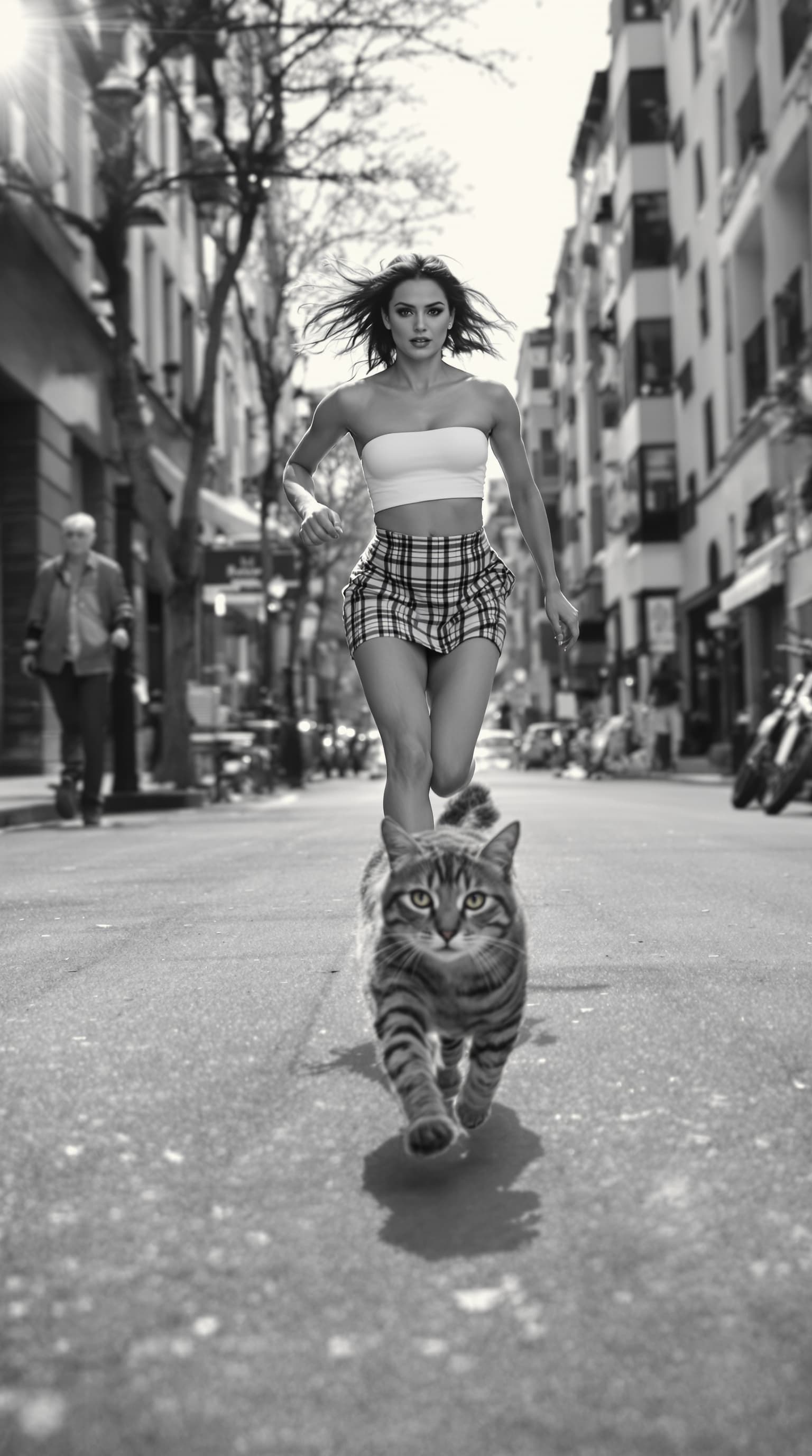 AI generated: a black and white photograph of a supermodel running down the a deserted city street. She is wearing...