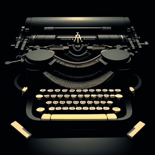 AI generated: illustration typewriter a gun emerging, shooting, a crazy writer, black background, light on top