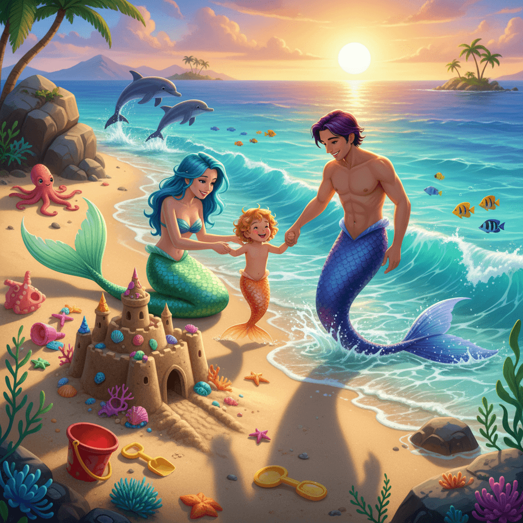 AI generated: An Undersea Family Beach Day: Join Mama Mermaid, Papa Mermaid, and their little one for a day of lau...