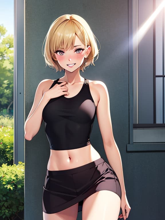 AI generated:  realistic,portrait, 1girl, crop top, blonde hair, dark eyes, glowing eyes,skirt, parted lips, blush...