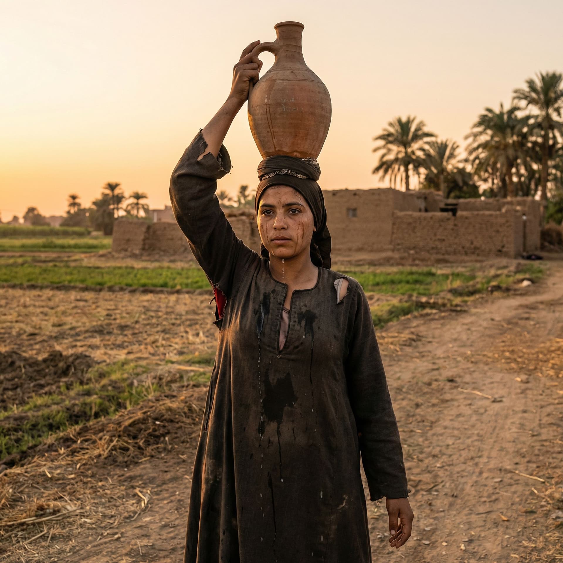 AI generated:  (A young beautiful Egyptian Farmar woman with large saggy enormous breasts carries a clay water jug...