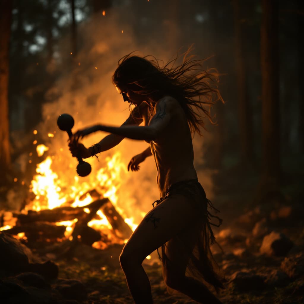 AI generated: In the darkness of a dense forest clearing, a female Germanic shaman performs a powerful ritual danc...