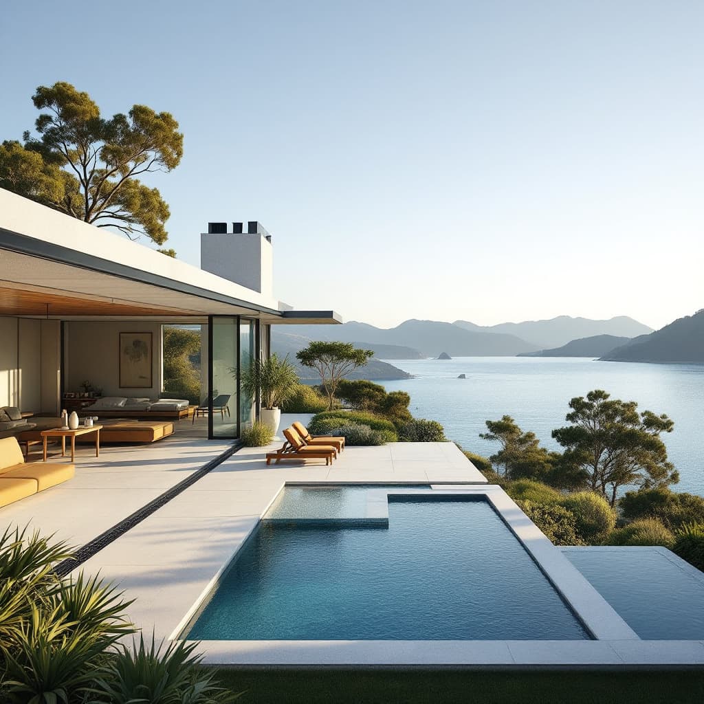 AI generated: Hyper realistic eye level exterior photo of a mid century modern style house overlooking the ocean, ...
