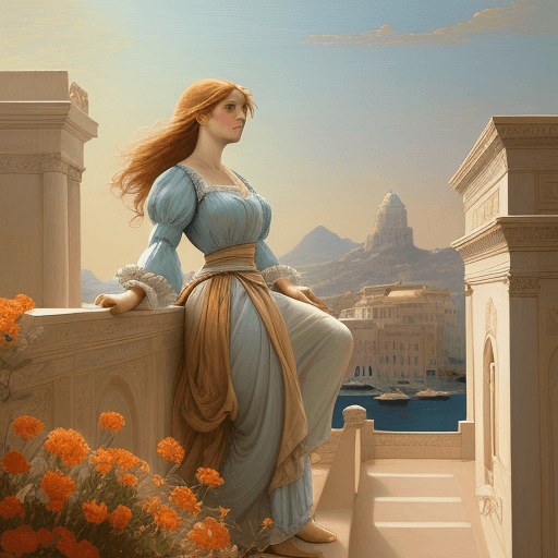 AI generated: Woman on the roof, 1884 by louis carroll, in the style of classical elegance, light aquamarine and l...