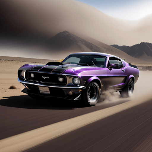 AI generated: muscle car 1970 
 mustang black with boysenberry purple raceing strips. going 80 mph. in a desert du...