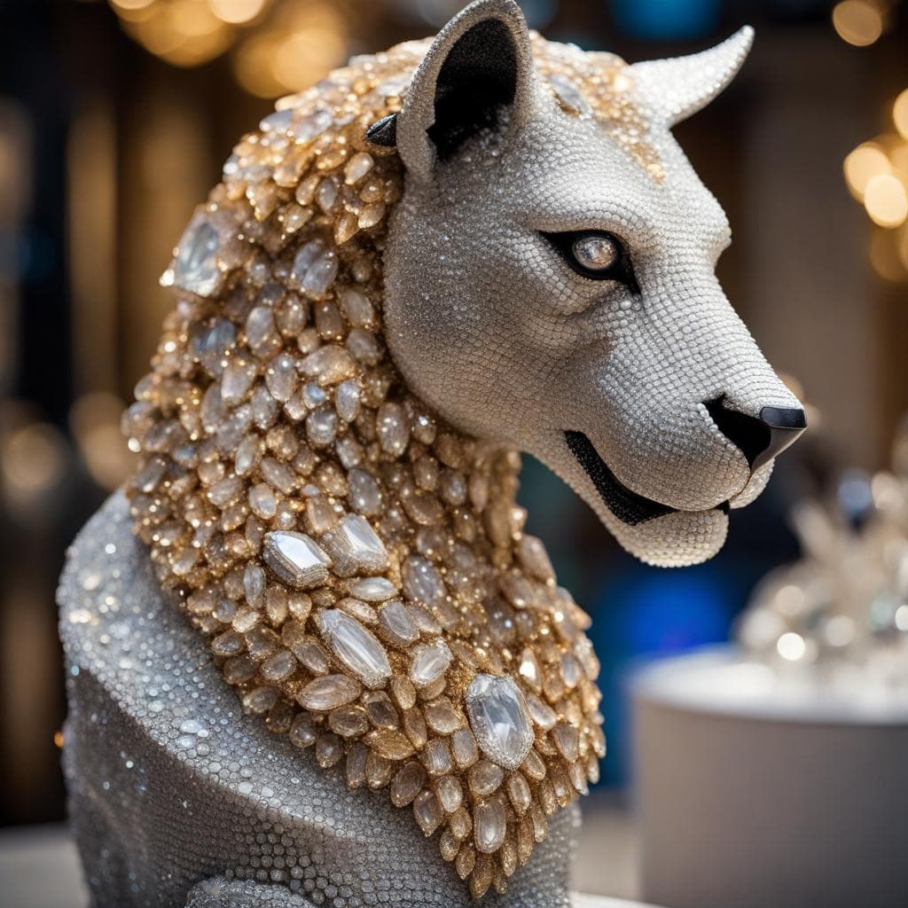 AI generated: Sculpt a life-sized animal greek statue using discarded diamonds and gemstones, highlighting it's be...