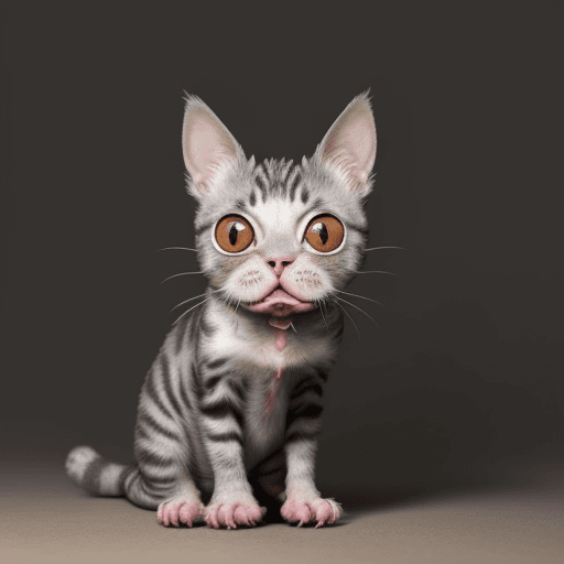 AI generated: an ugly little cat who seems nice, sitting, with a tooth sticking out with his mouth closed, big rou...