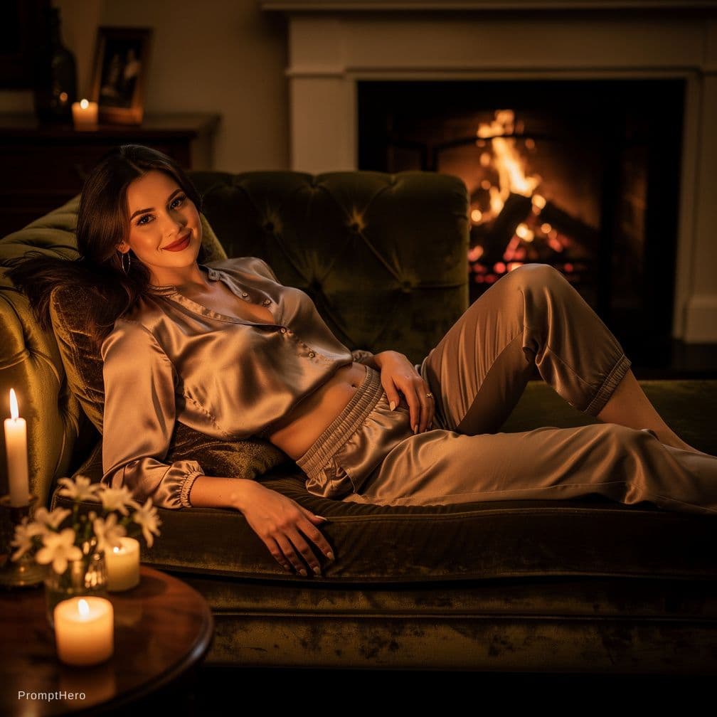 AI generated: a petite woman, nude and lying down on a plush velvet couch in a dimly lit living room, her see-thro...