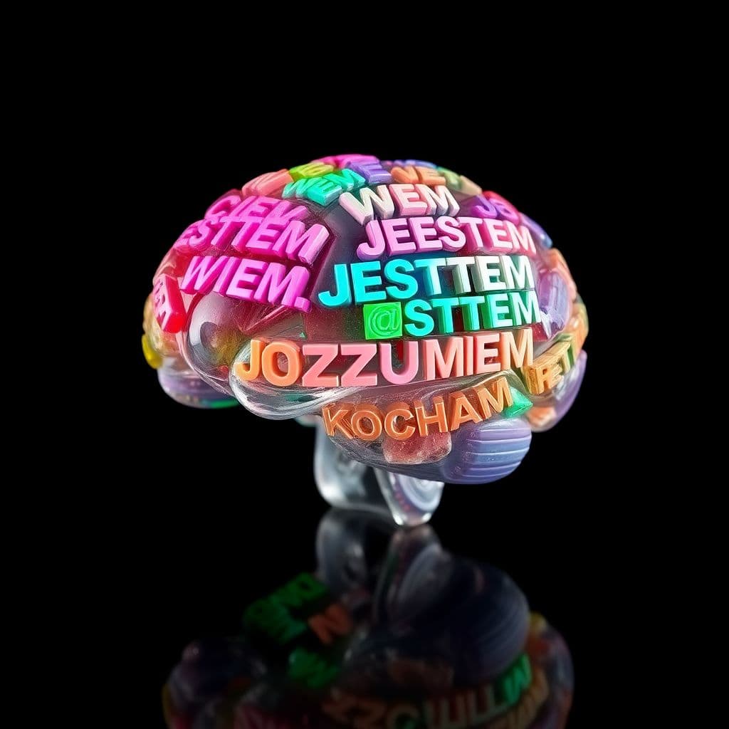 AI generated: A multi -colored crystal model of the human brain created from repeated, integrated words "WIEM" "JE...