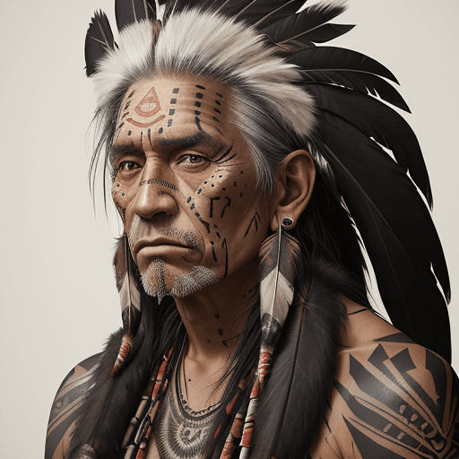 AI generated: A portrait of a male tribal elder, long messy hair, Eagle feathers, grunge color theme, geometric pa...